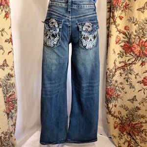 Telepatía Y2k cyber Blue Wide Leg Jeans Embroidered Rhinestone design on Pockets